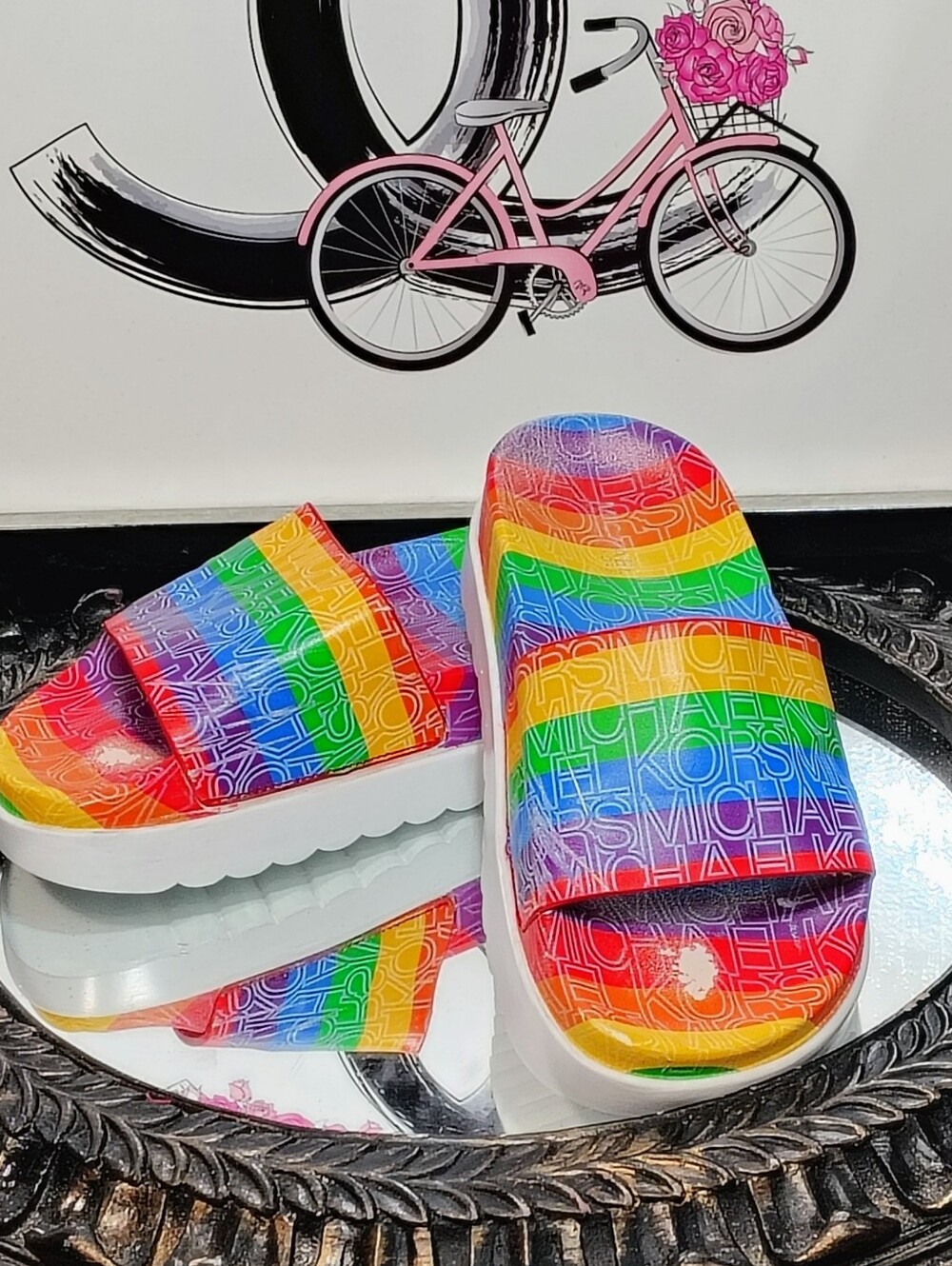 MICHAEL Michael Kors Rainbow Logo Platform Slide Sandals